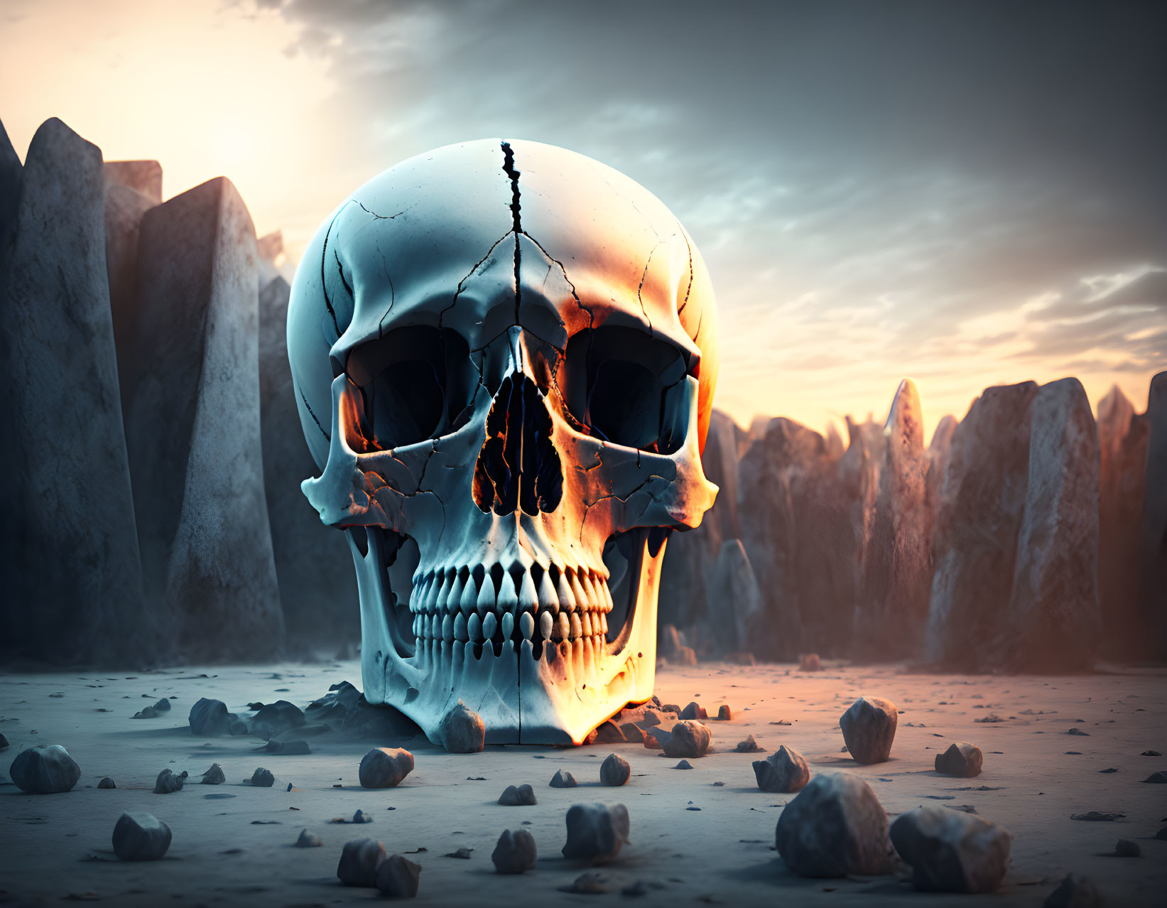 Cracked human skull on barren landscape with rocks and dramatic sky