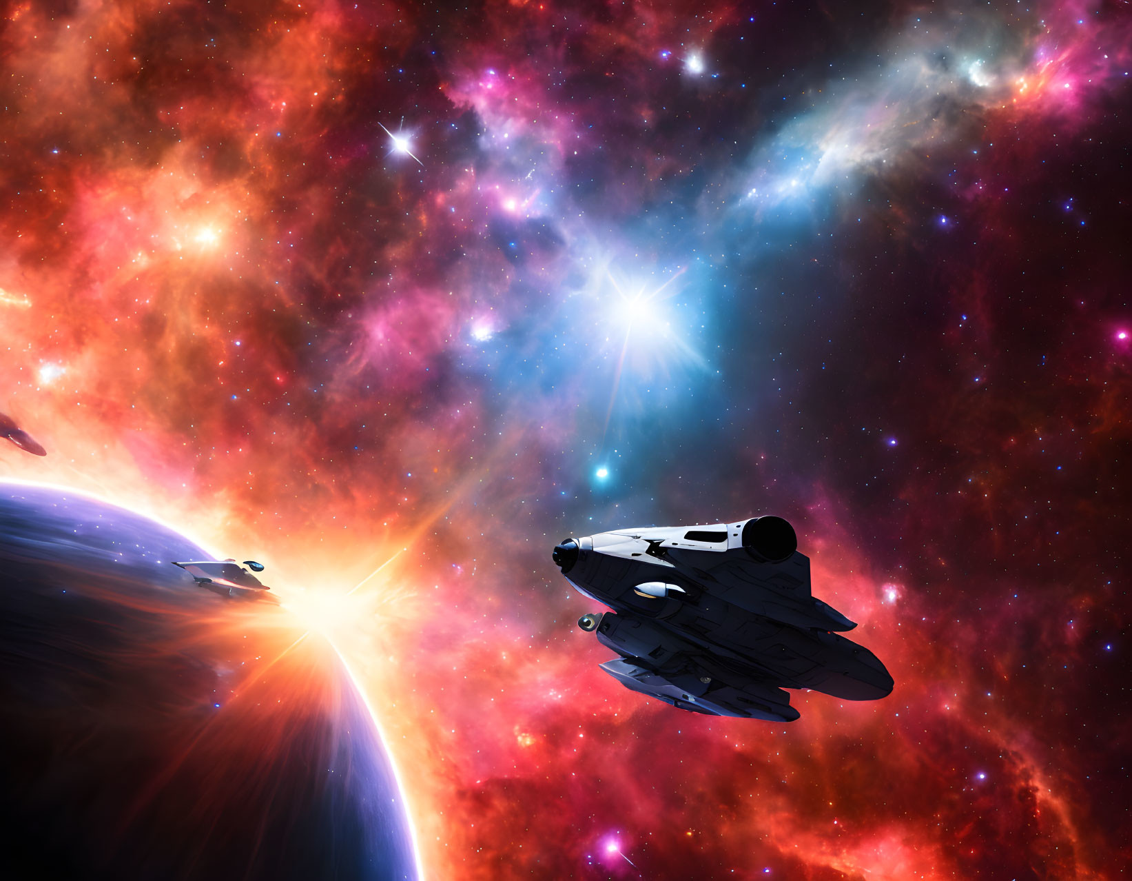 Colorful Space Scene: Spaceship, Planet, Nebulae, Stars