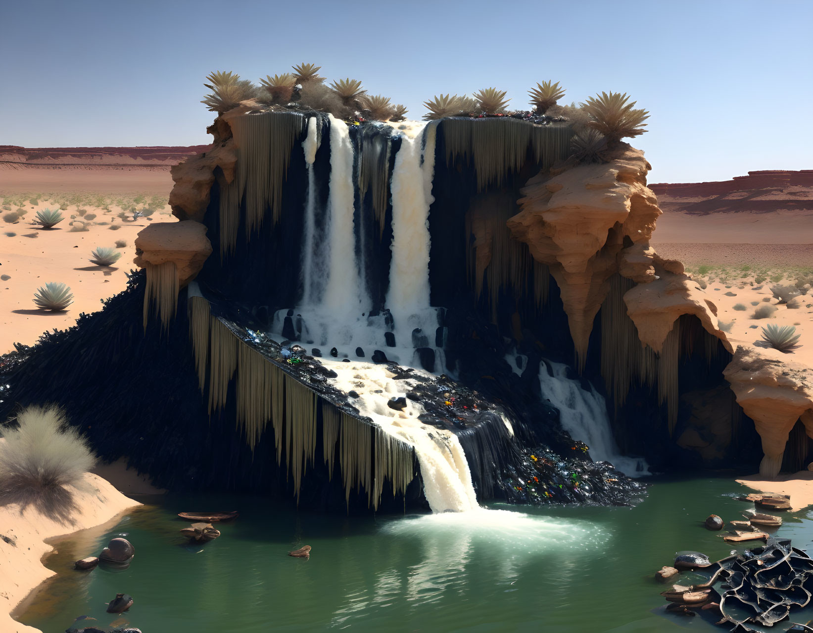 Scenic desert oasis with waterfalls, pond, palm trees, and rocky cliffs