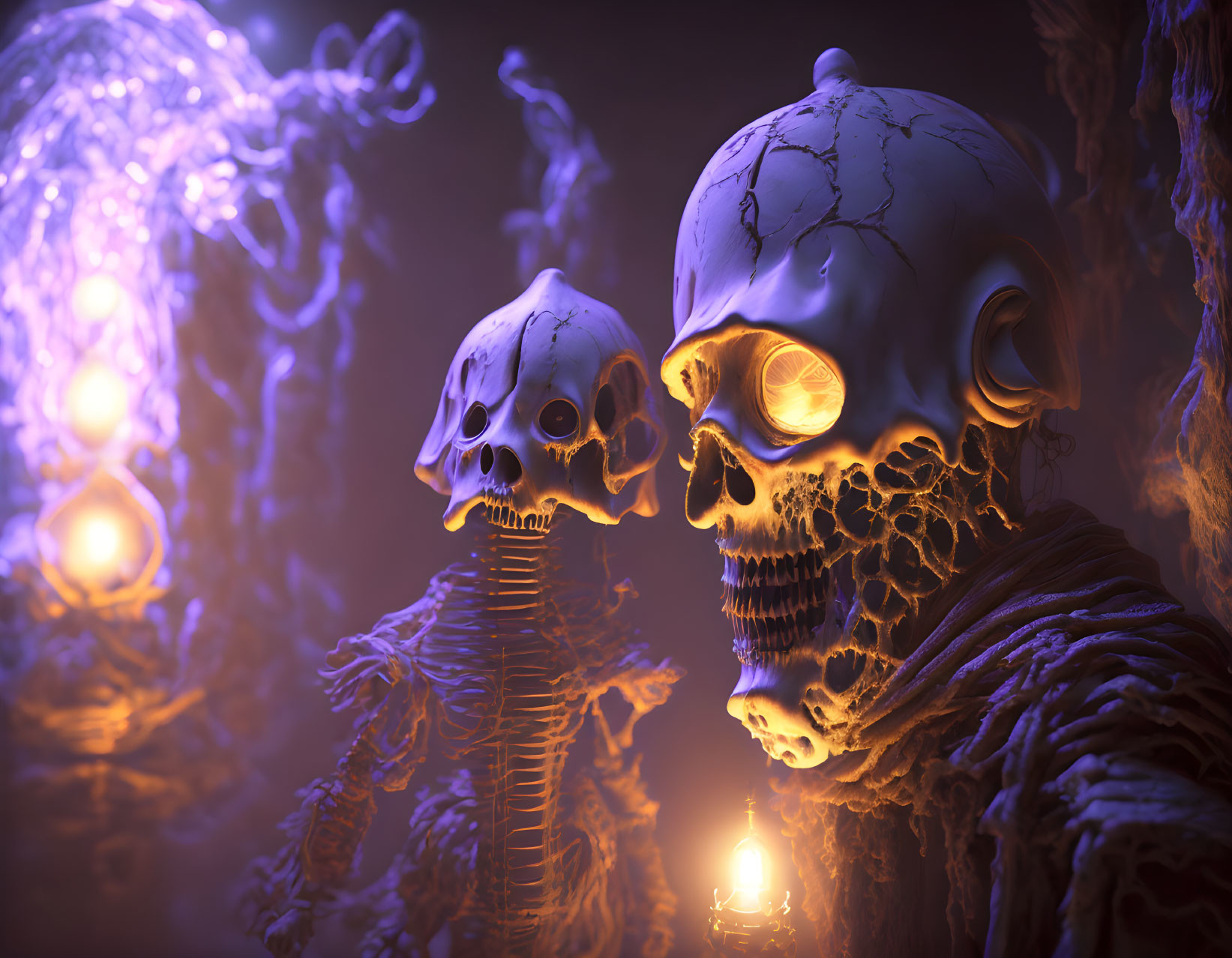 Glowing-eyed skulls in mystical purple setting with spine-like structure