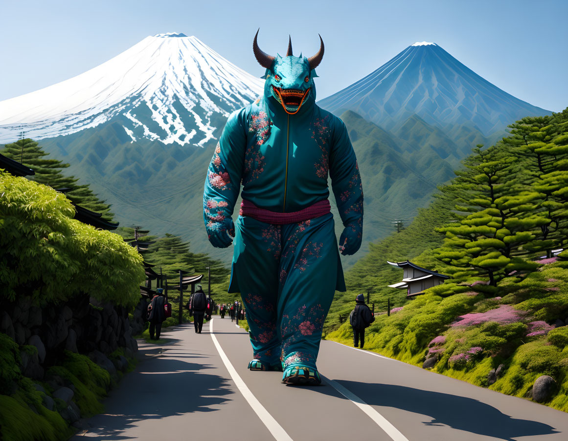 Blue oni in traditional attire strolling Japanese street with Mount Fuji.