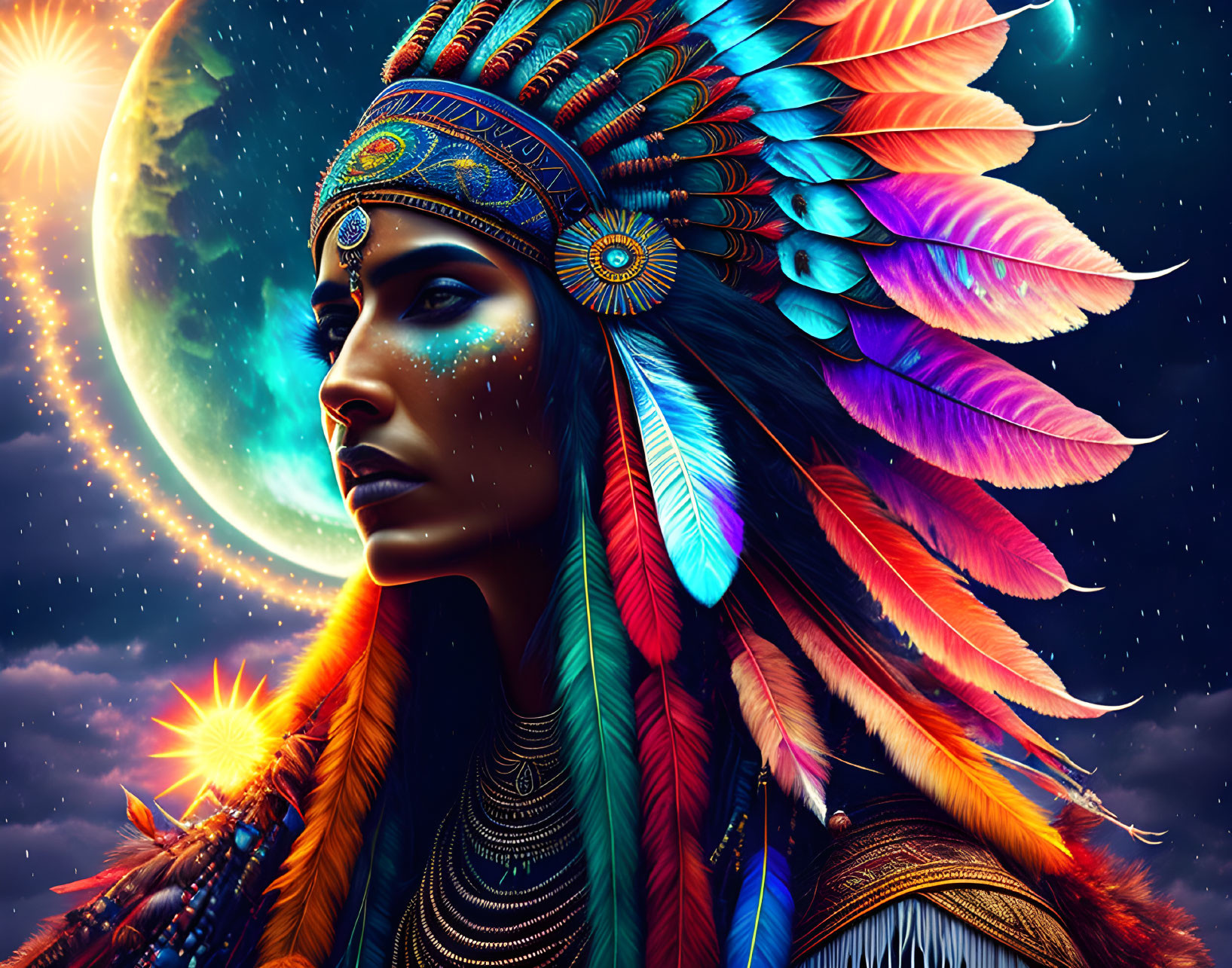 Colorful Native American headdress in cosmic sky with crescent moon and sun