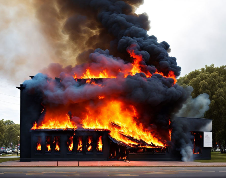 Building Engulfed in Flames with Thick Black Smoke