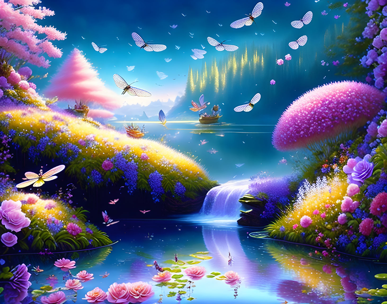 Fantasy landscape with luminous flowers, tranquil waterfall, and glowing dragonflies