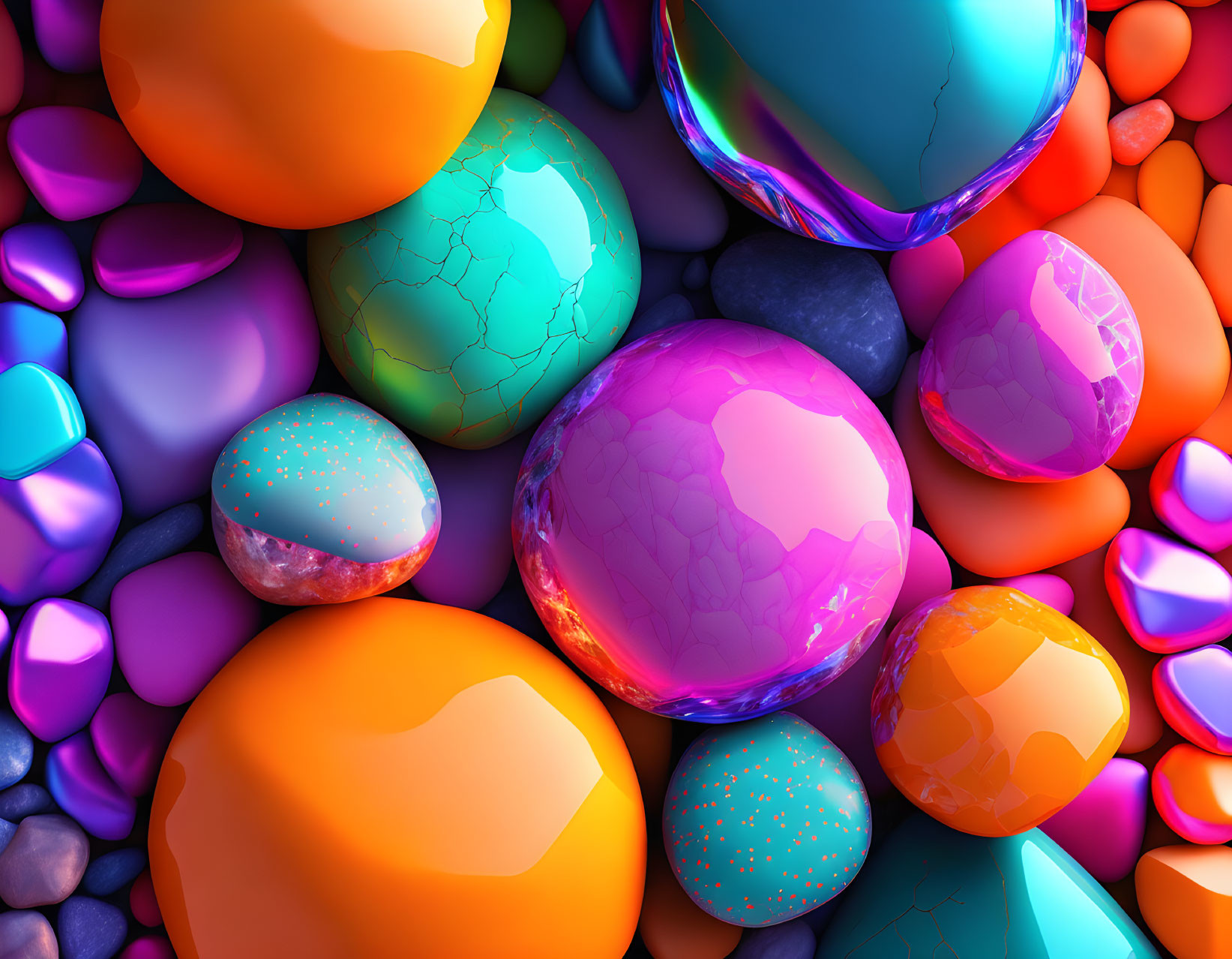 Vibrant 3D-rendered spheres and stones in varied textures and hues