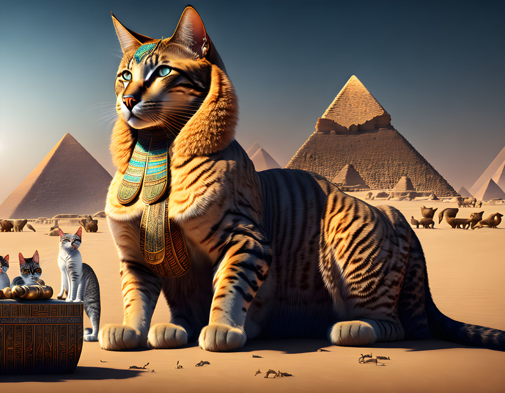 Digital artwork: Giant cat with Egyptian adornments among pyramids & smaller cats in desert