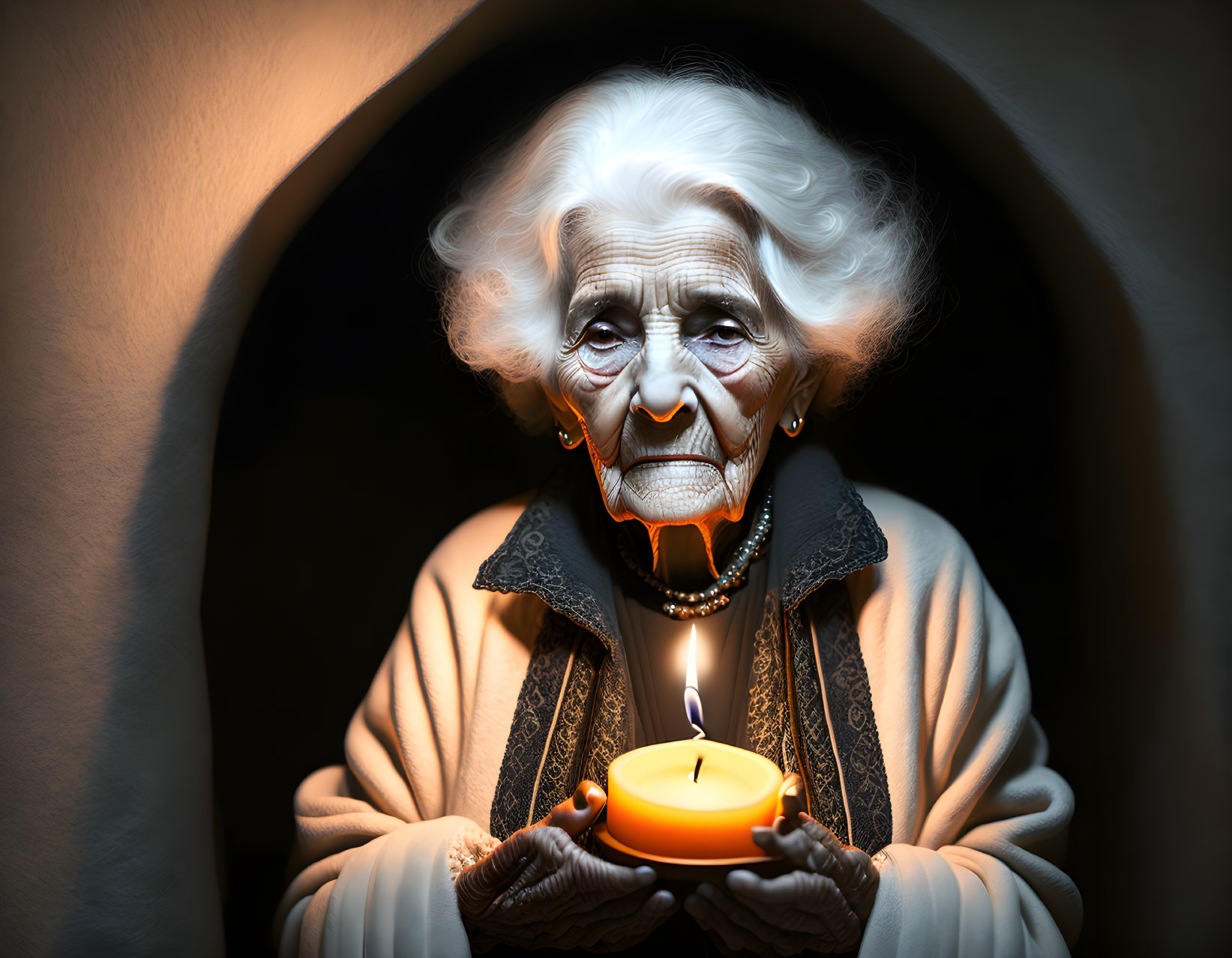 Elderly woman with white hair holding a lit candle under rounded arch