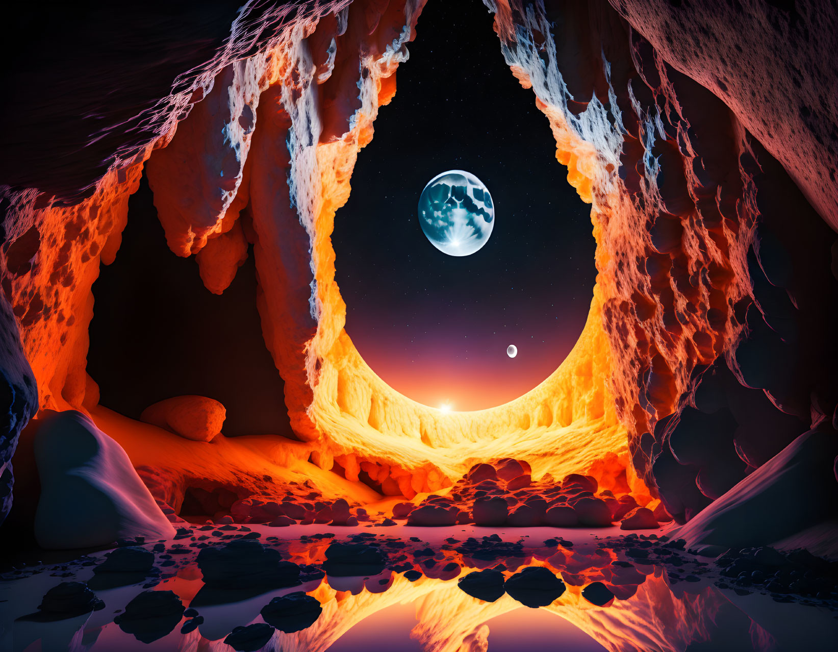 Orange-lit cave with moon, stars, planet, and water reflection