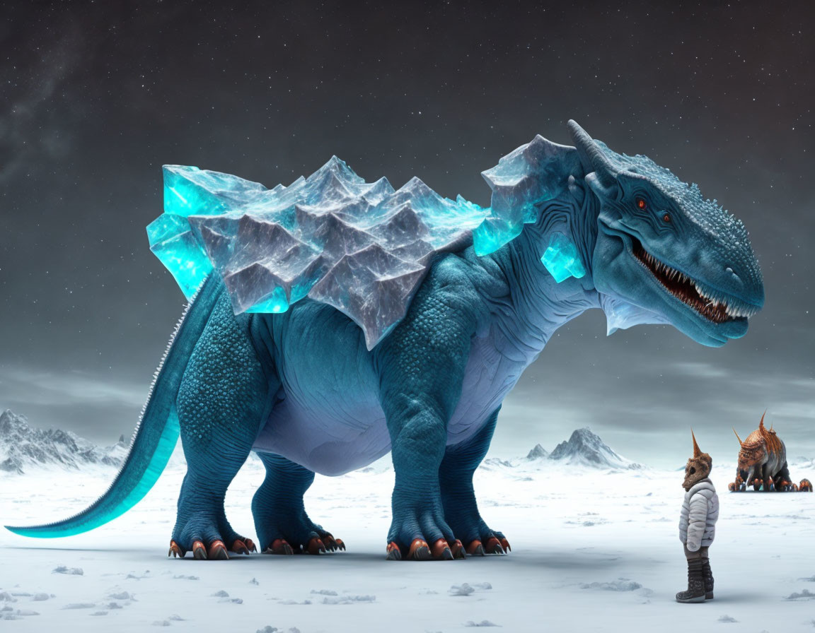 Person in winter coat facing crystal-armored dinosaur in snowy landscape