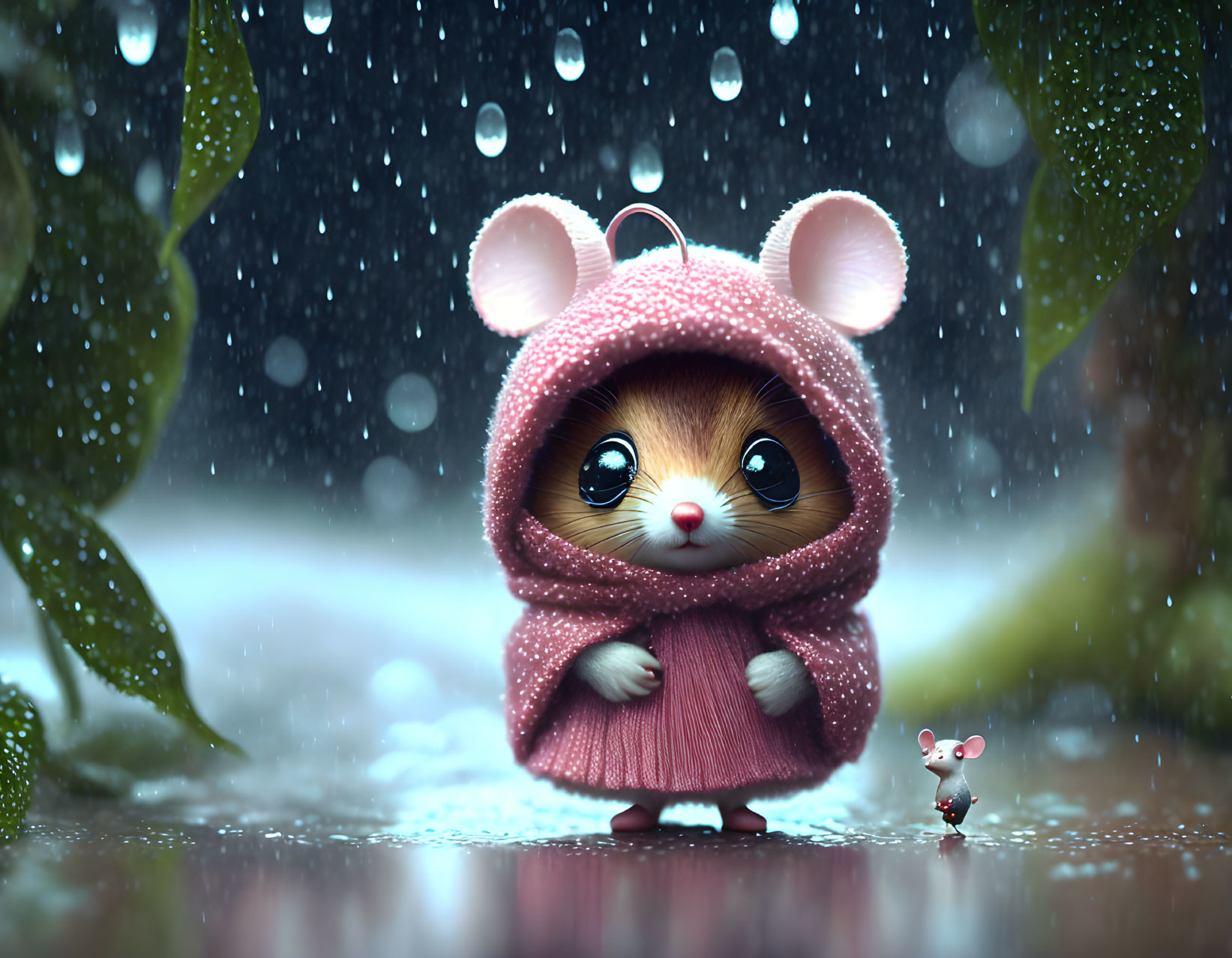 Whimsical illustration of cute mouse-like creatures in pink hoodie with rain.