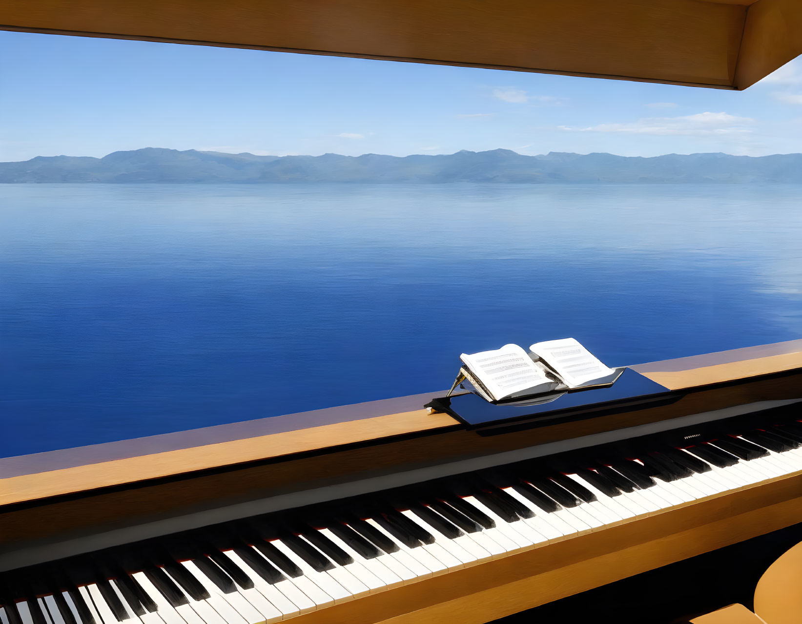 Piano with sheet music overlooking serene lake and mountains