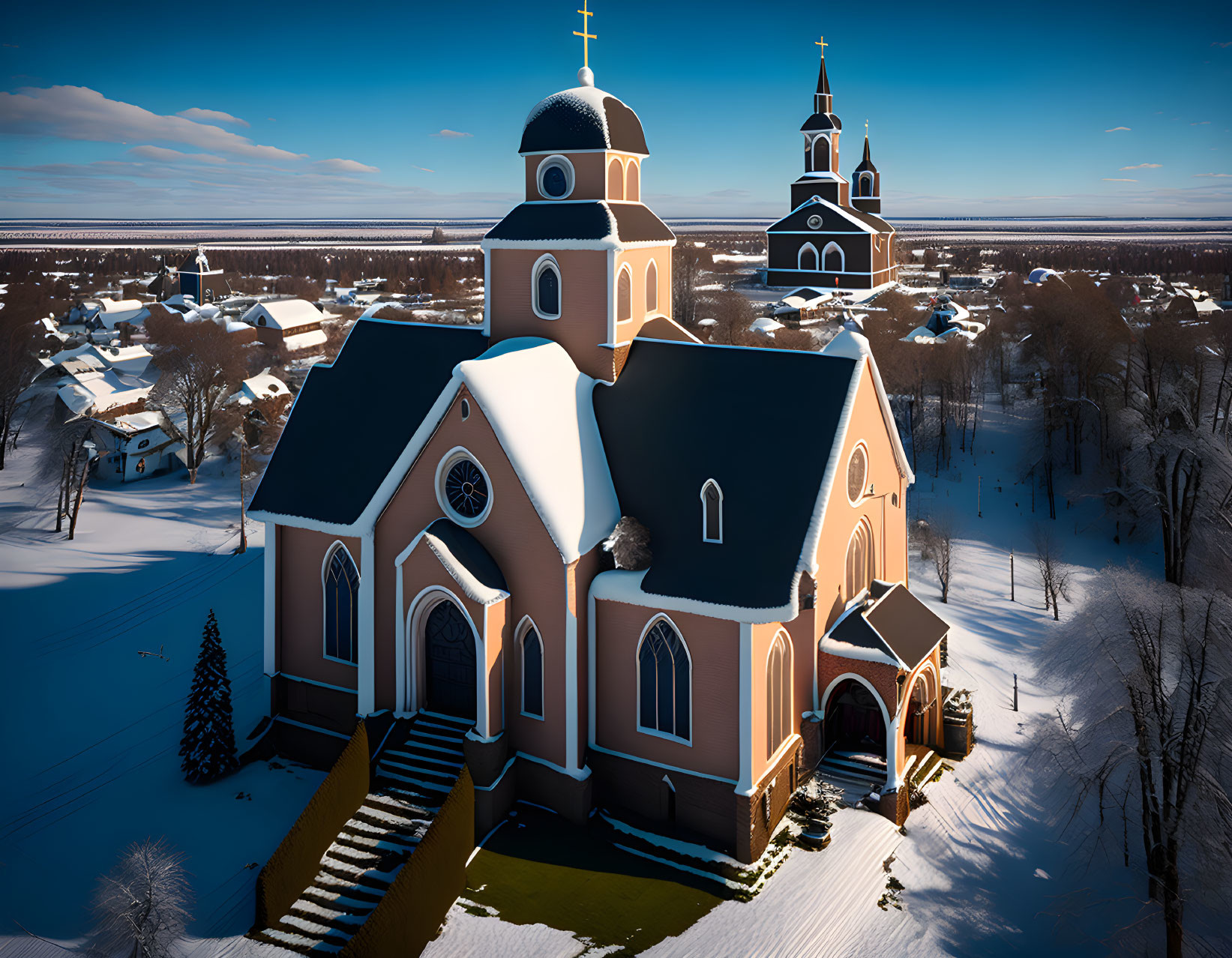 Winter village scene: snow-covered church with two steeples in clear blue sky