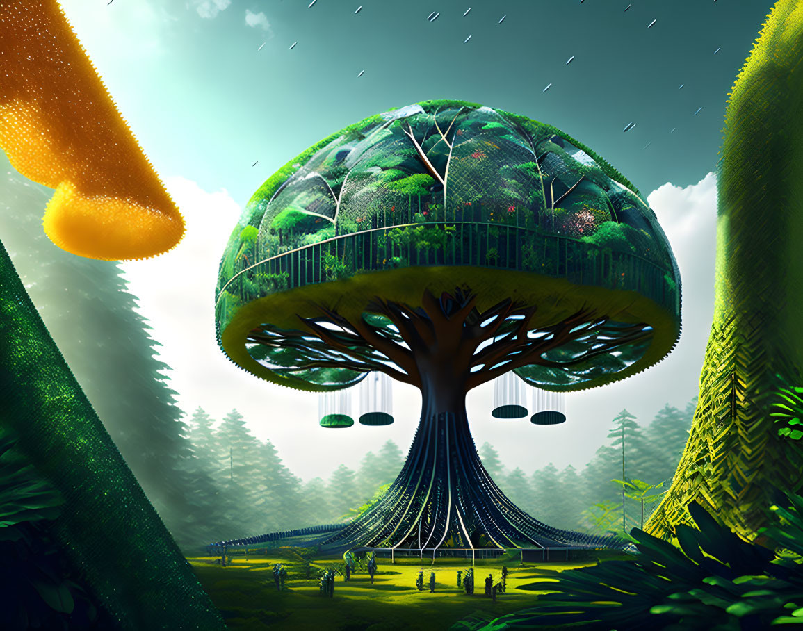 Fantastical tree with biodome-shaped canopy in lush forest under starry sky and rain