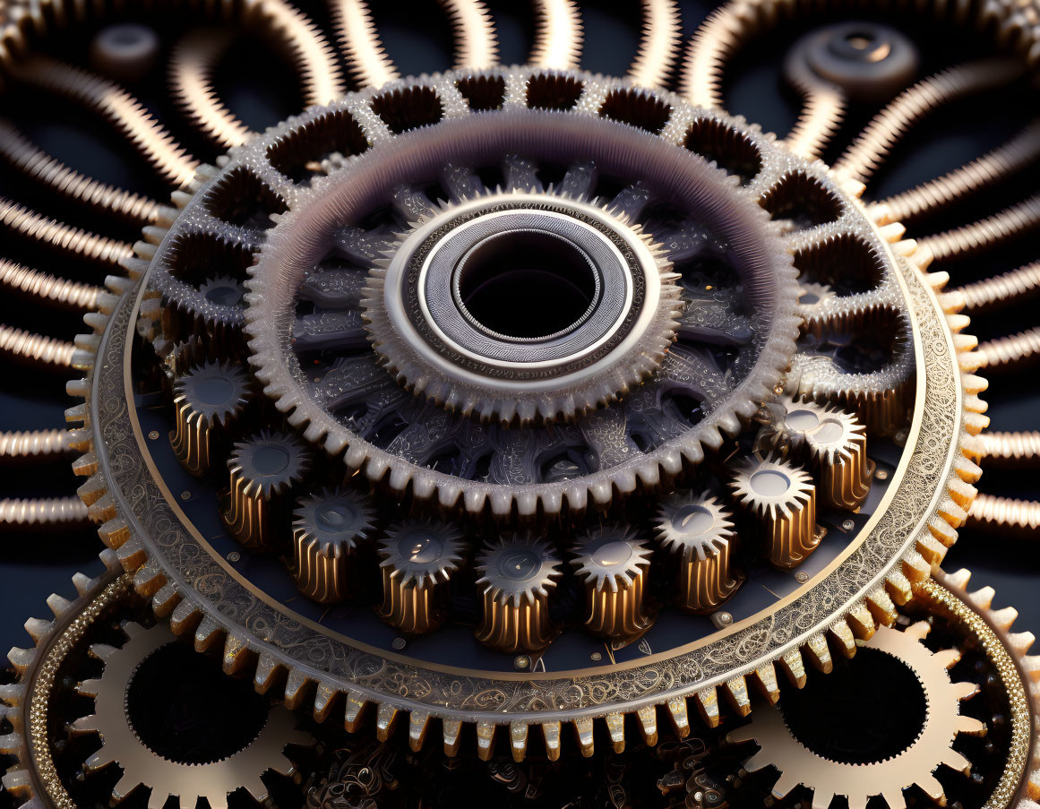 Detailed Close-Up of Interlocking Metallic Gears with Intricate Designs