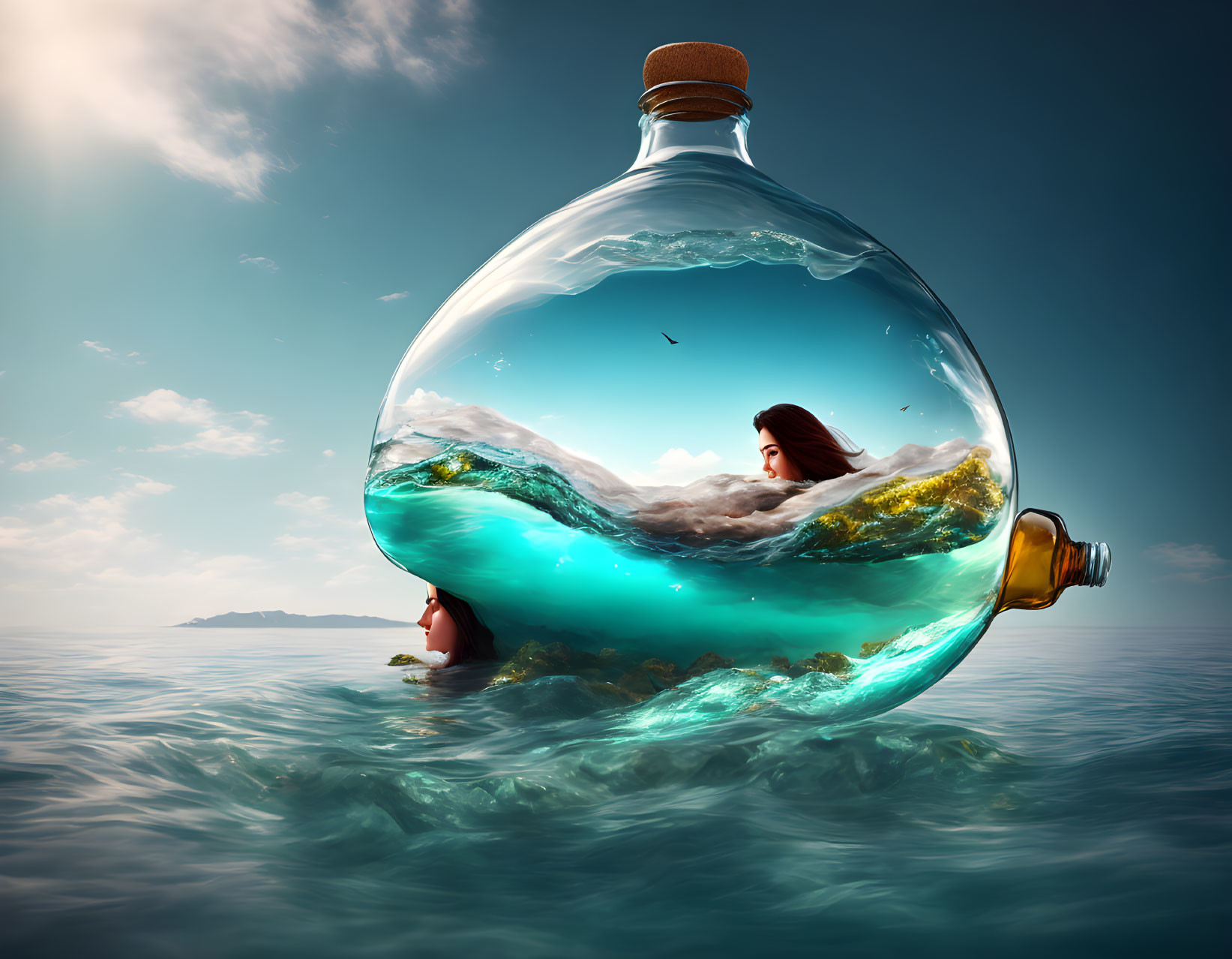 Person inside floating bottle with mirrored waves - surreal sea image