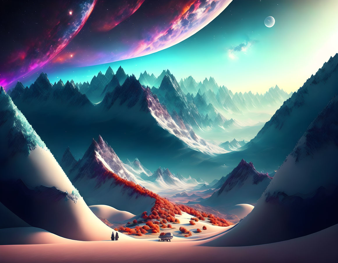 Snowy mountains, starry sky, warm trees, sand dunes, caravan - surreal landscape.