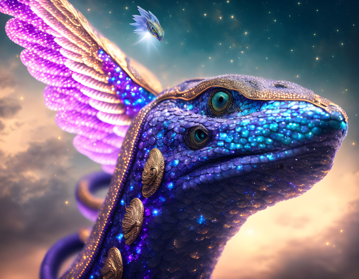 Iridescent dragon with purple wings and green eyes on starry sky.