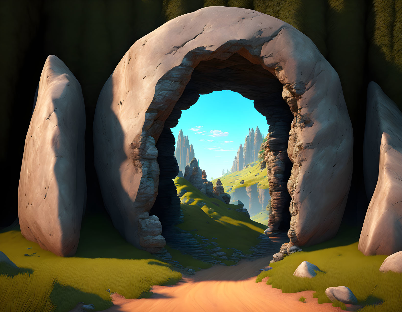 Fantasy 3D-rendered landscape with stone archway, green fields, and stone spires