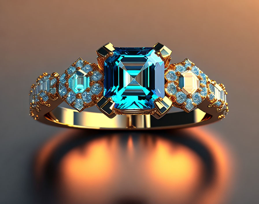 Luxurious Gold Ring with Emerald-Cut Blue Gemstone and Diamond Accents