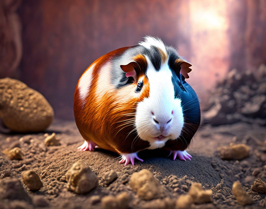 Shiny Tricolor Coat Guinea Pig on Sandy Surface