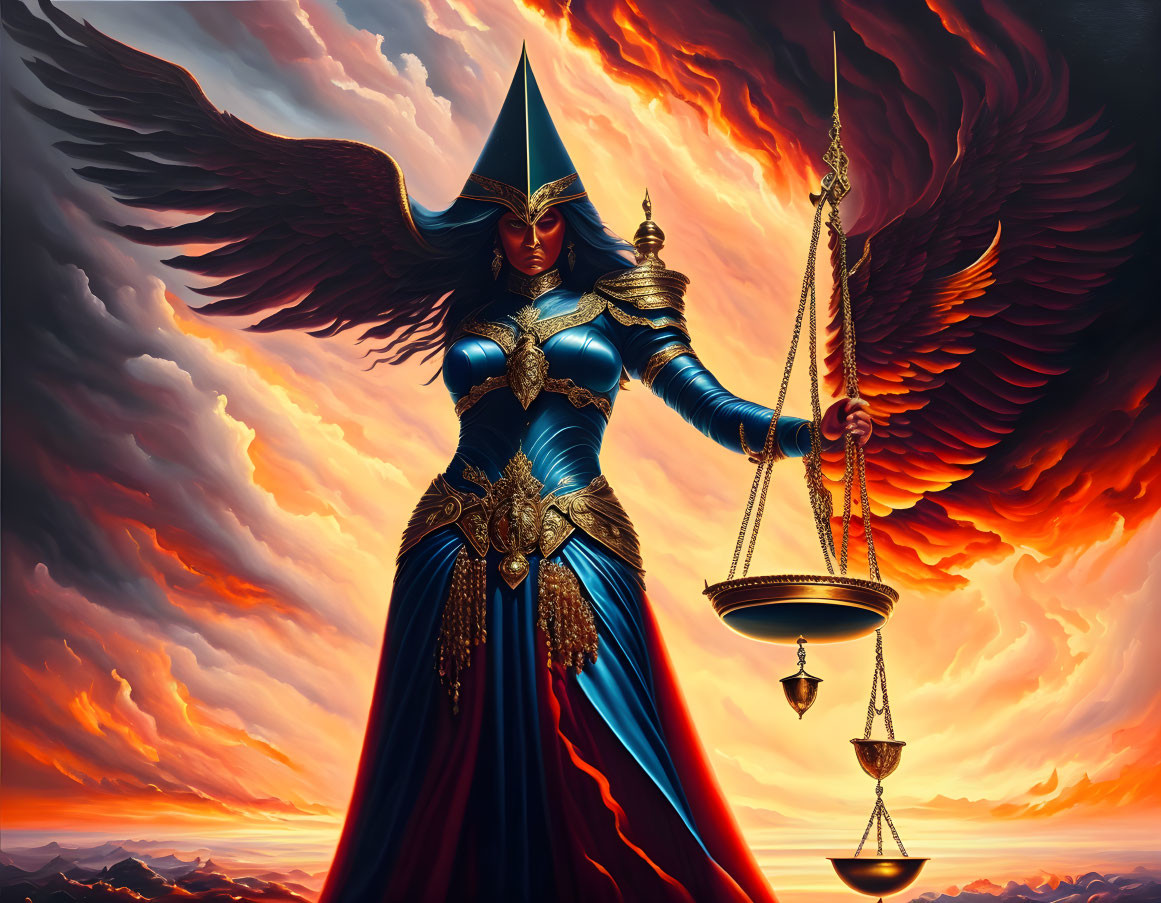 Majestic angelic figure in blue and gold armor with fiery wings against red sky