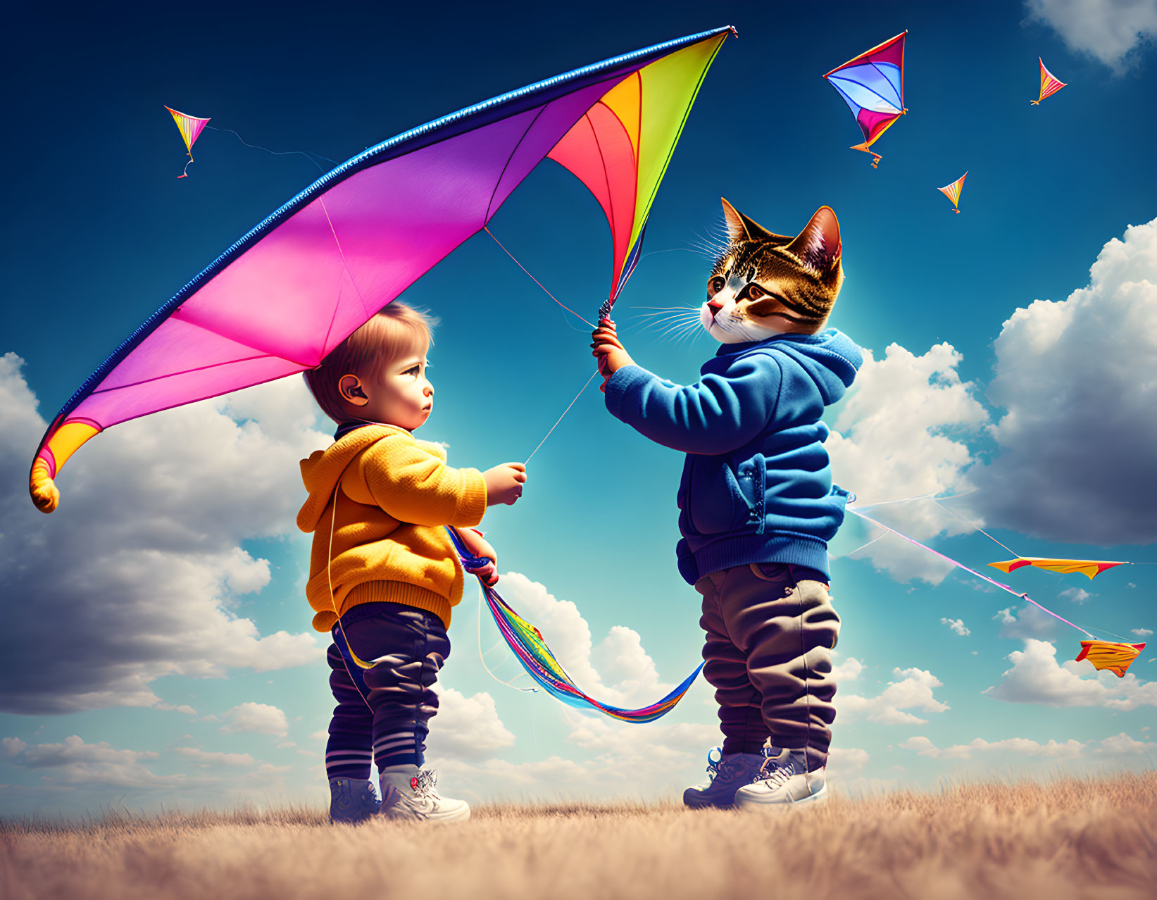 Toddler and Cat with Kite under Blue Sky and Flying Kites