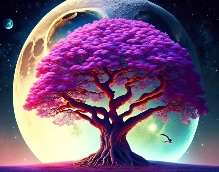 Colorful artwork: Majestic tree, purple foliage, cosmic backdrop, two moons, soaring bird