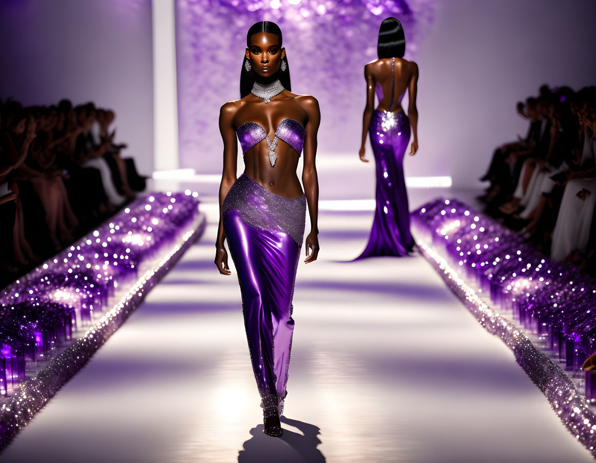 Model showcasing purple strapless evening gown with bold neckline and high slit