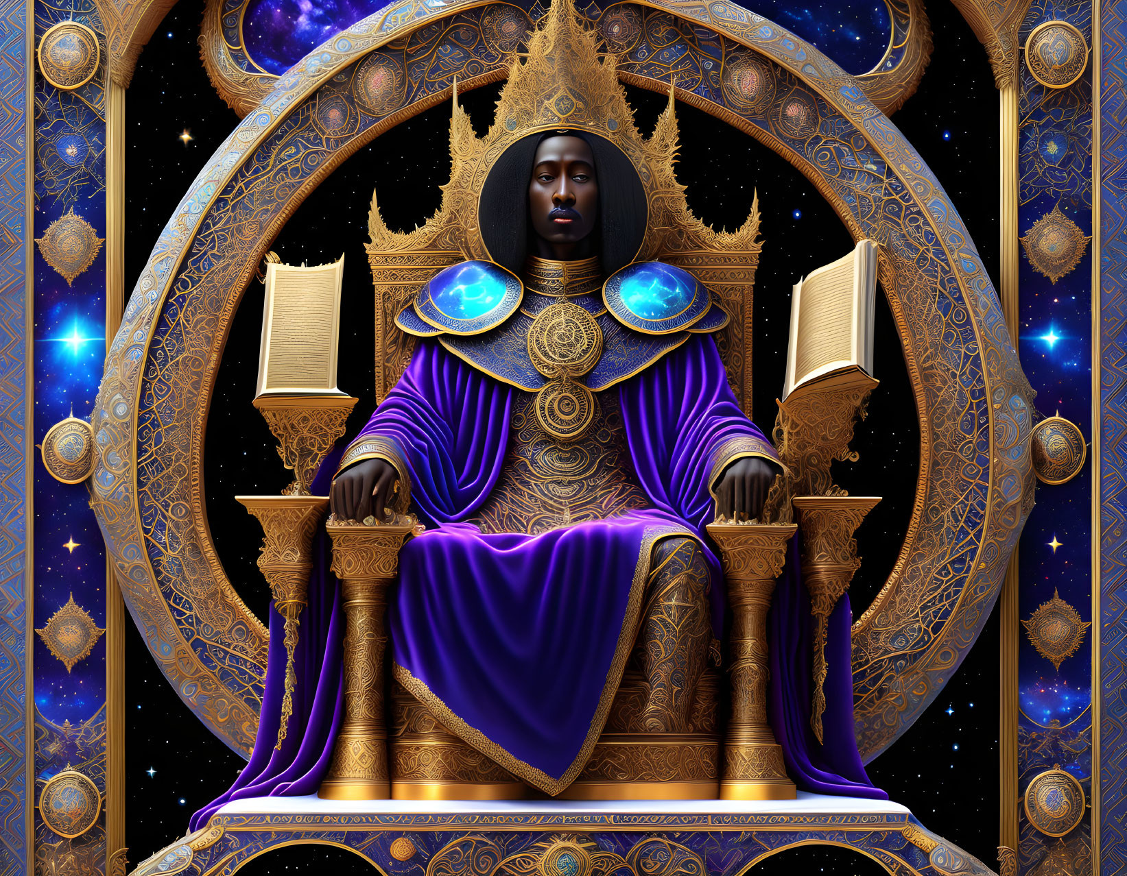 Regal Figure in Purple Robes on Throne with Cosmic Motifs