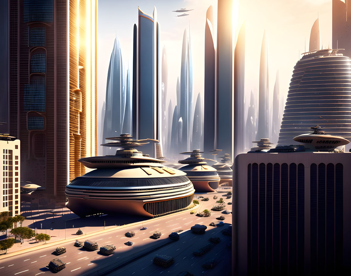 Futuristic cityscape with skyscrapers, flying vehicles, and warm sunlight.