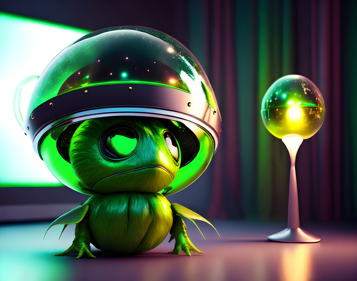 Green alien with big eyes in helmet beside glowing orb on pedestal, colorful backdrop.