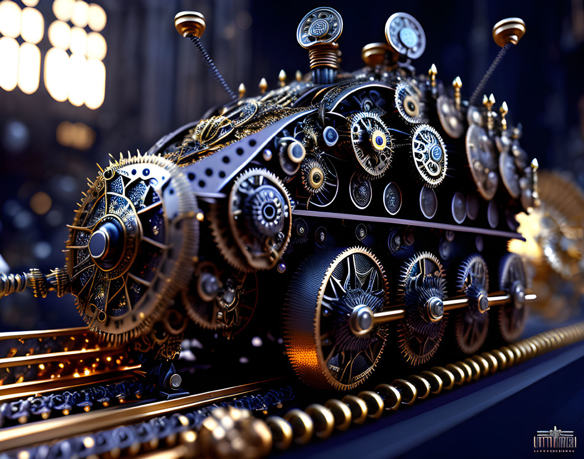 Detailed Steampunk-style Machine with Brass and Gold Gears