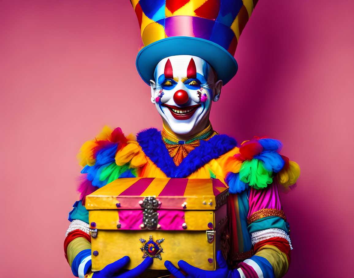 Colorful Clown with Tall Hat Holding Patterned Box on Pink Background