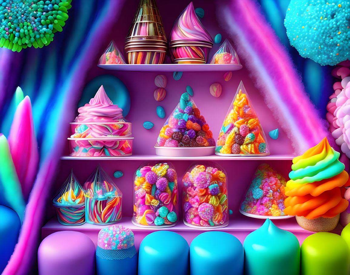 Colorful candy-themed room with vibrant digital artwork.