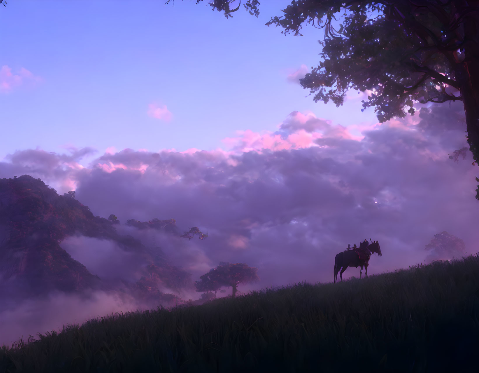 Tranquil dusk landscape with horse, misty cliffs, and purple sky