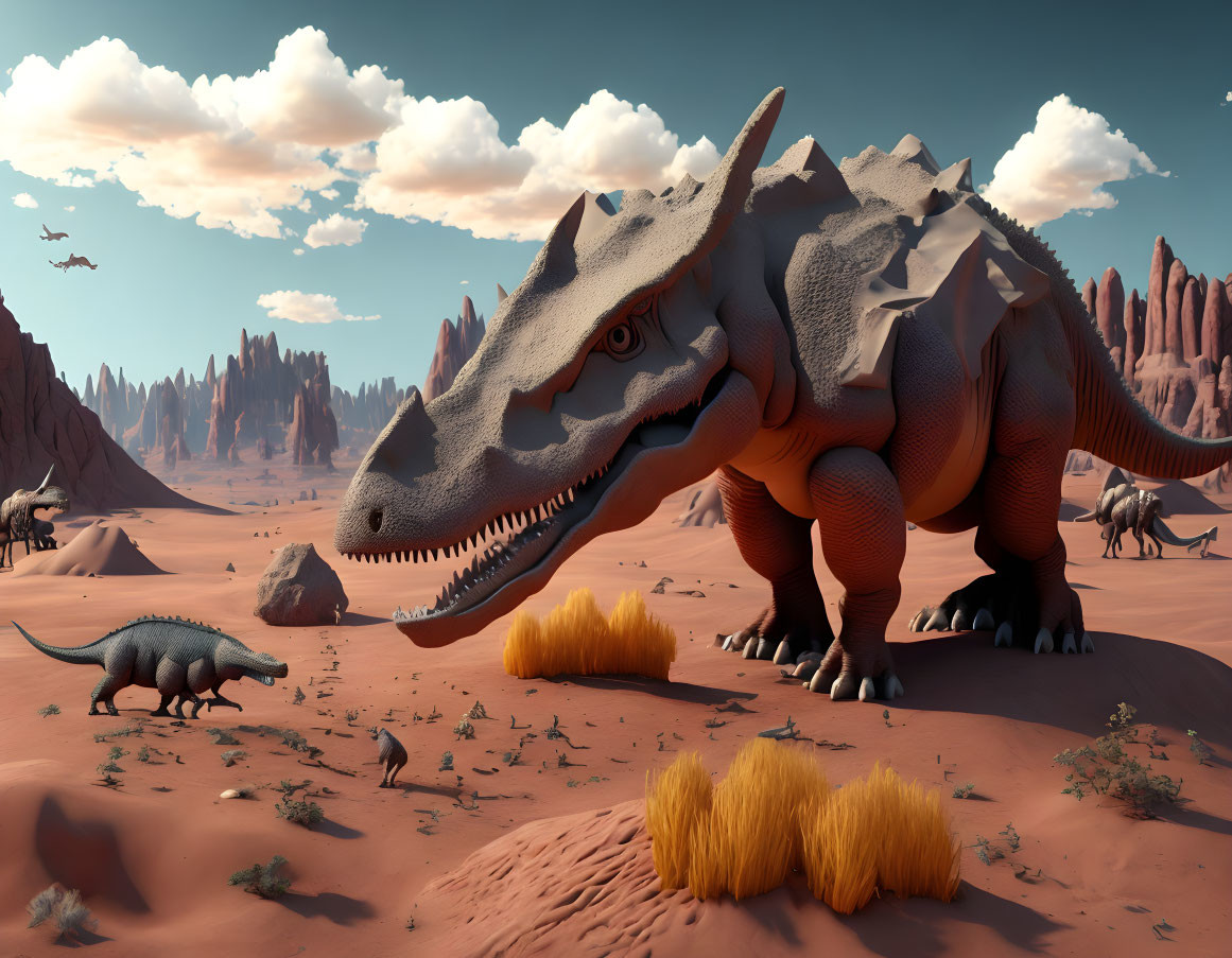 Detailed dinosaur illustration in desert with rock formations & roaming smaller dinosaurs