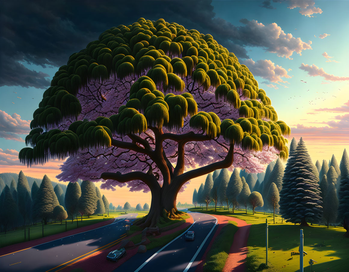 Giant surreal tree with green and pink foliage over road at sunset