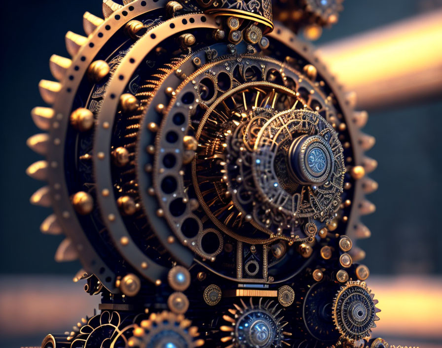 Elaborate brass-hued metallic gears and cogs in steampunk style