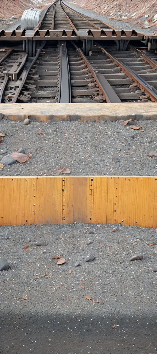 Railway tracks intersecting with switching mechanisms and wooden floor transitioning to gravel