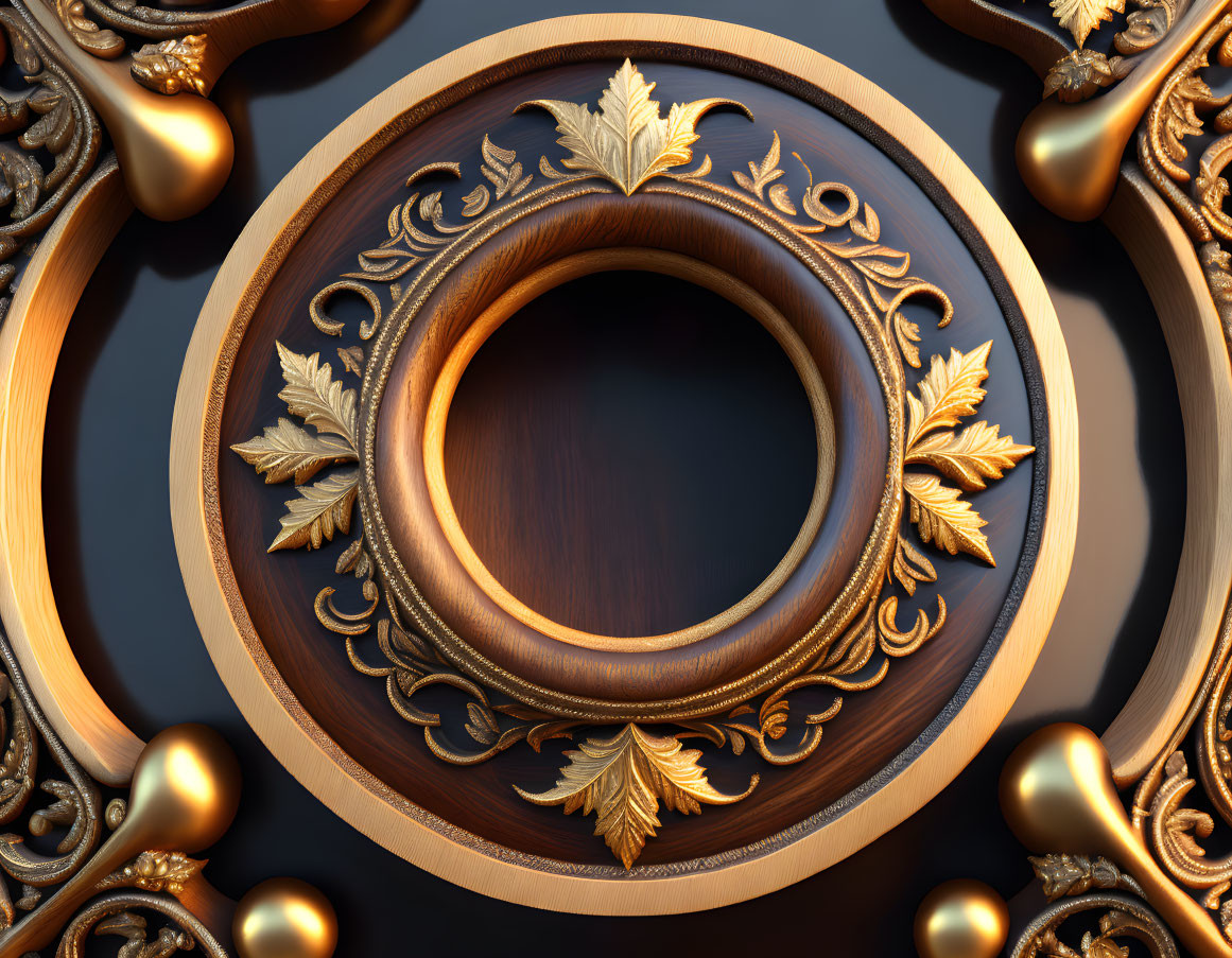 Circular Wooden Frame with Gold Leaf Patterns on Dark Background