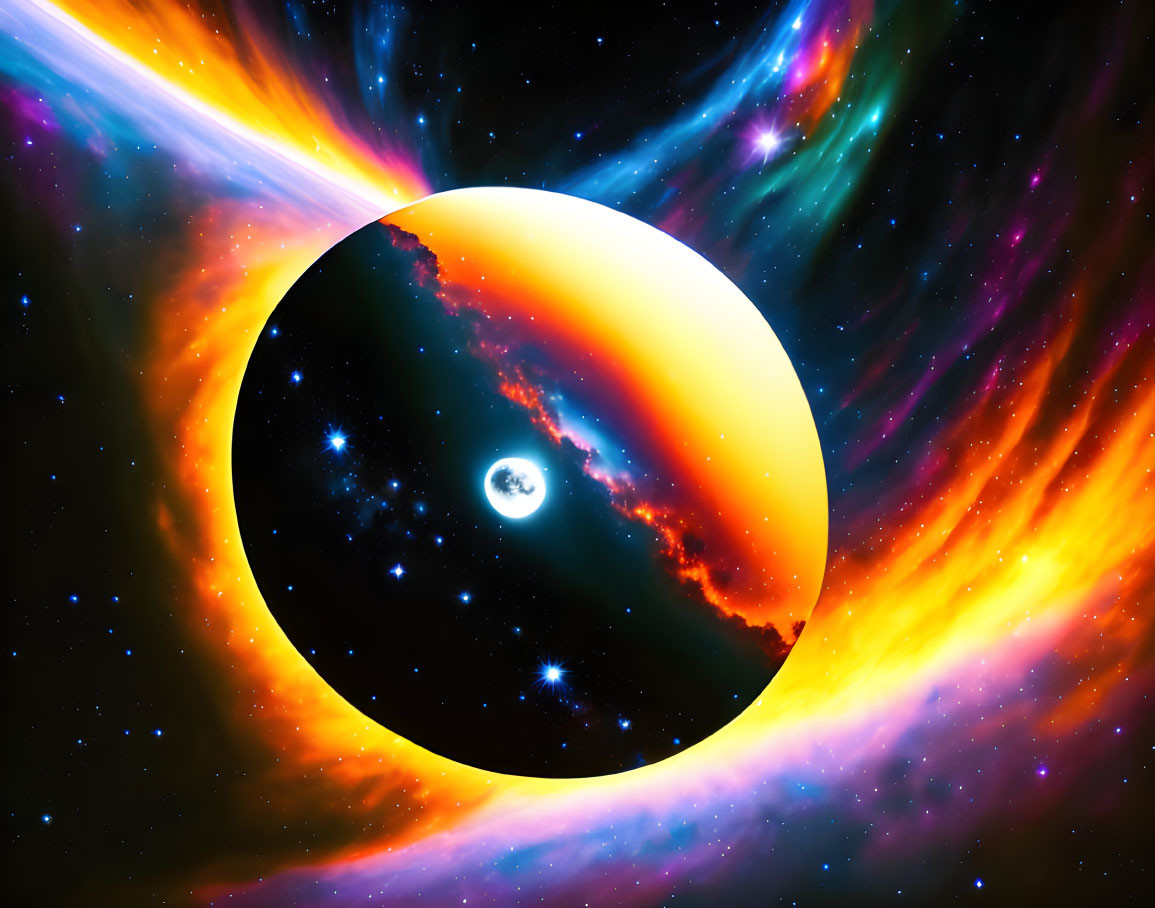 Colorful cosmic scene: large celestial body eclipses smaller planet in dynamic space backdrop