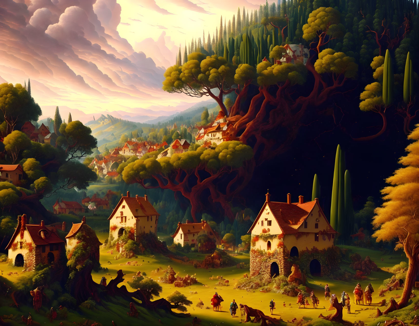 Fantastical landscape with quaint houses, lush trees, villagers, and animals