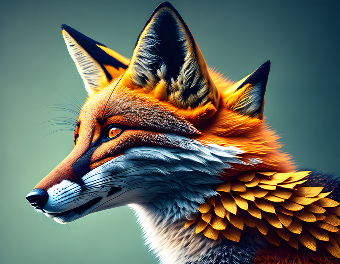 Stylized fox head digital artwork with vibrant orange fur on teal background