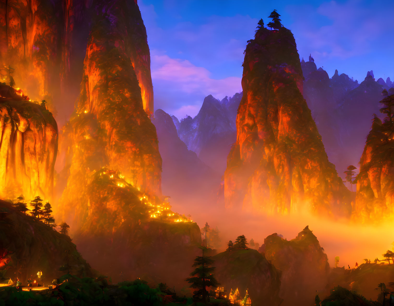 Misty fantasy landscape with glowing cliffs, towering mountains, and dusk sky