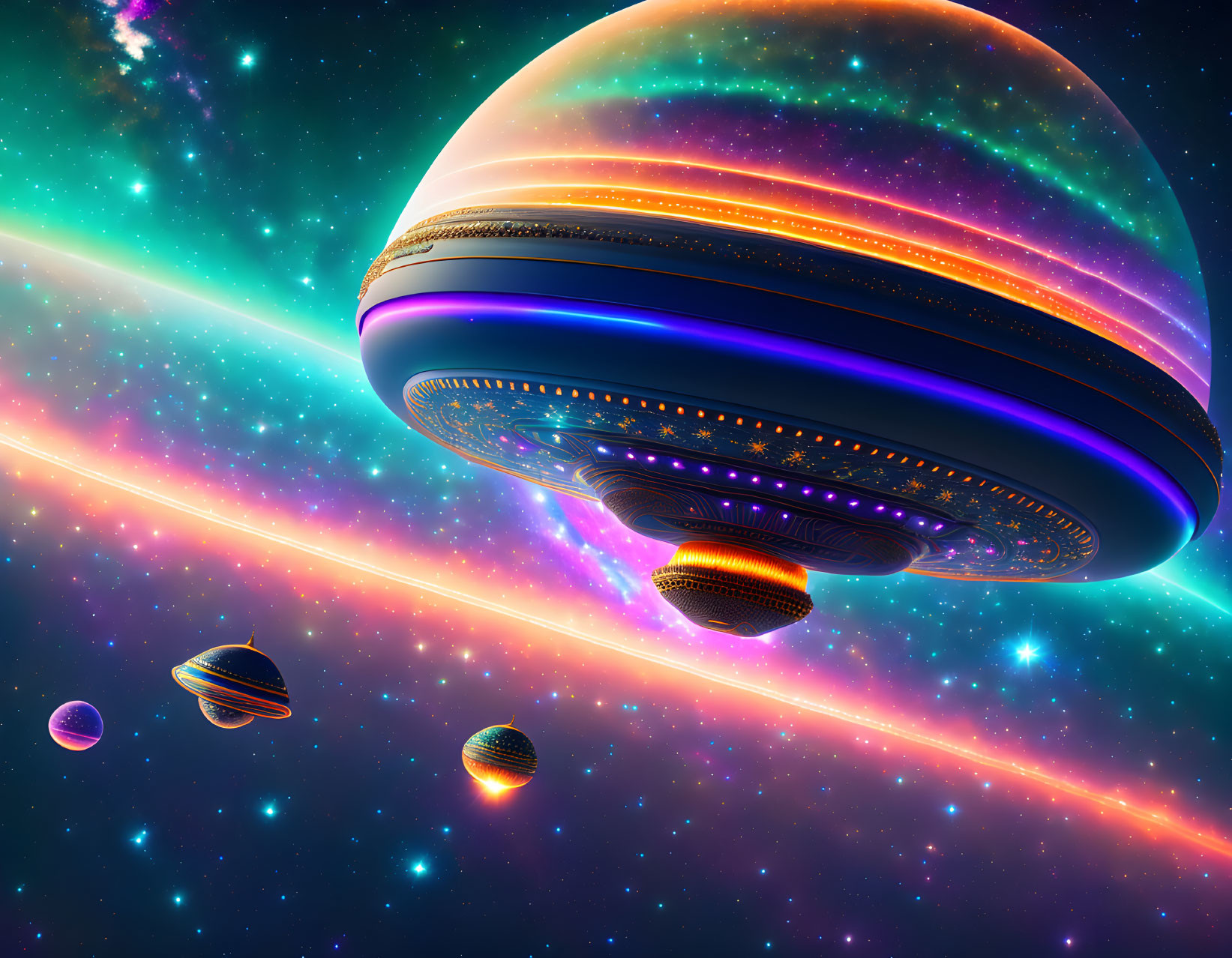 Detailed spaceship in vibrant space scene with ringed planets and star-filled galaxy.