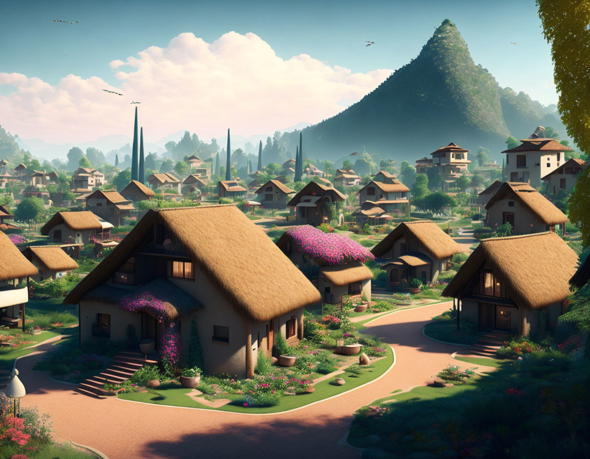 Scenic village with thatched-roof houses in lush greenery and mountains