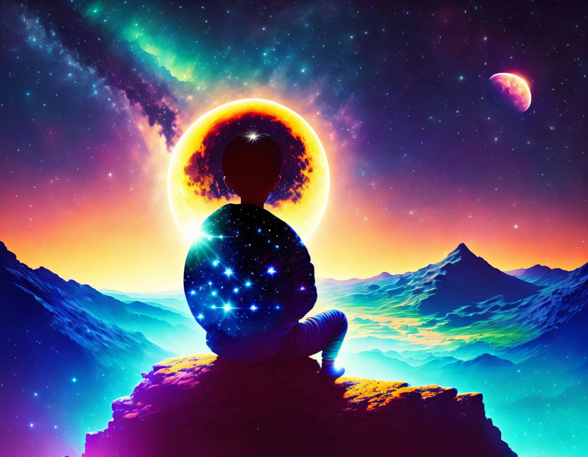 Person meditating on mountain under cosmic eclipse