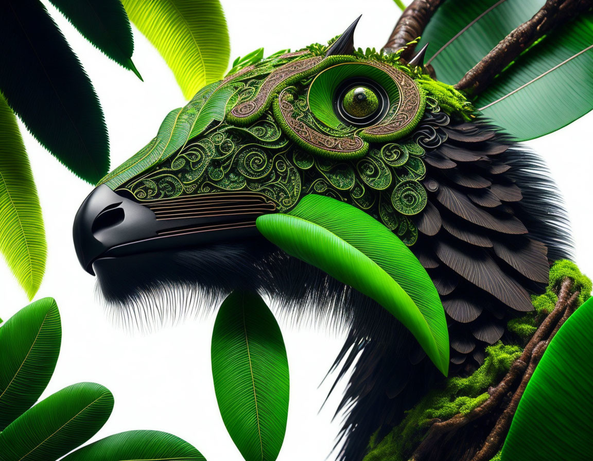 Detailed Green Parrot Head Artwork with Black Beak & Foliage