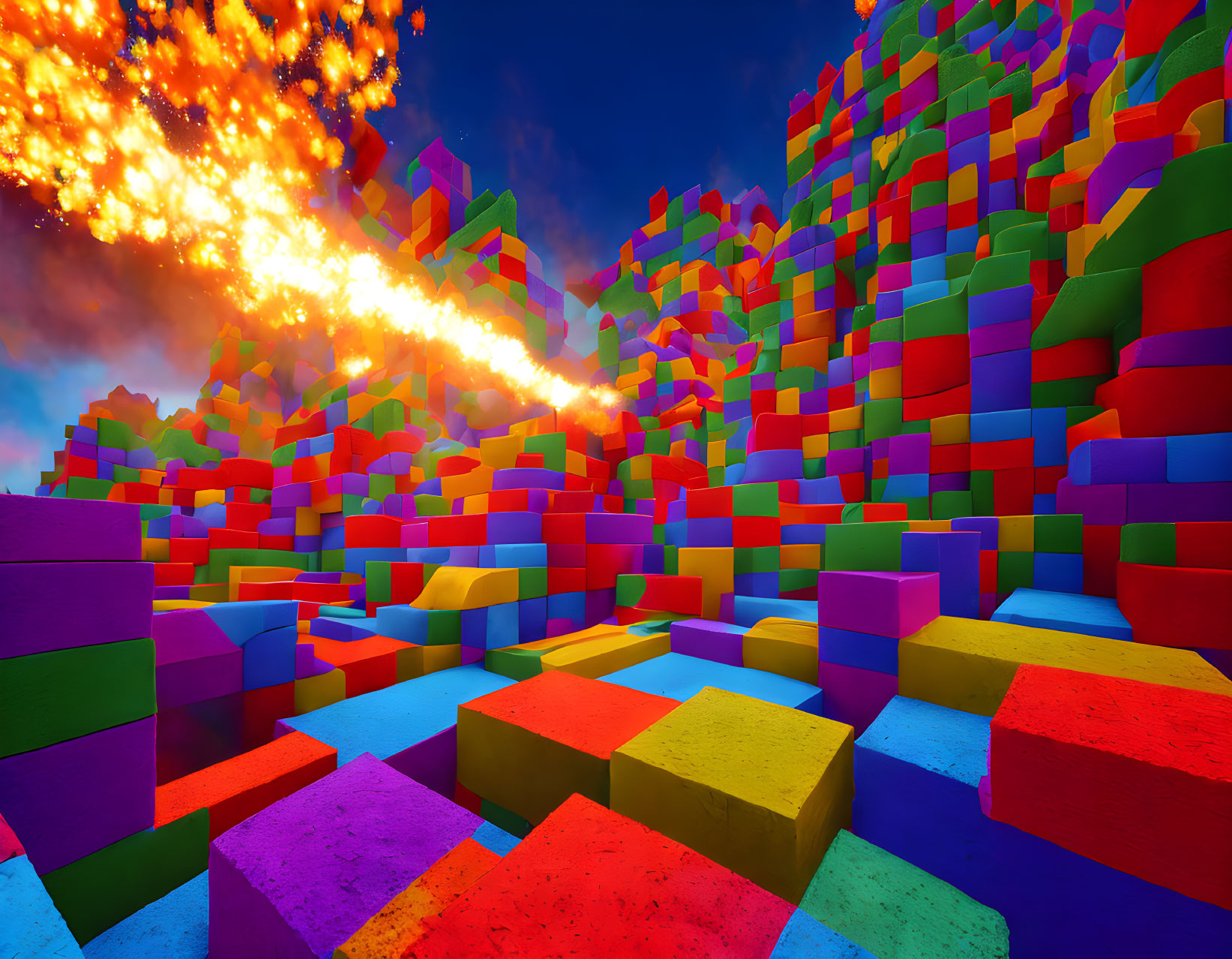 Multicolored cube structures in fiery digital landscape