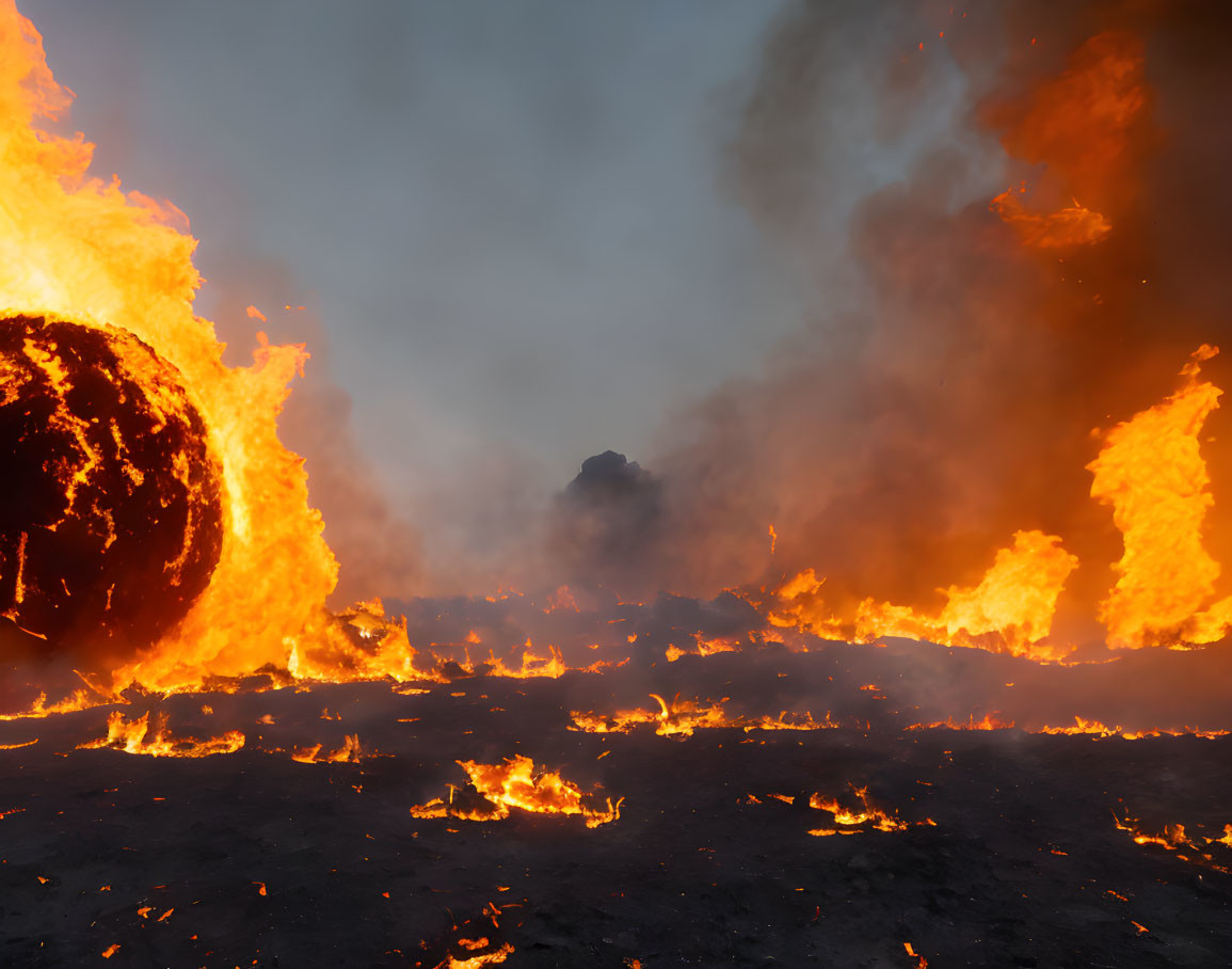 Vivid fireball explosion with towering flames and smoke